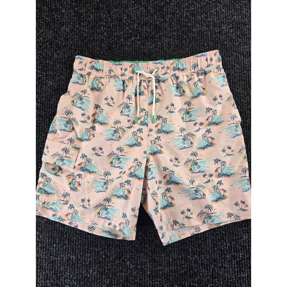 Havana Jim Mens L Tropical Palm Tree Print Swim Trunks Peach Cargo Pocket Shorts